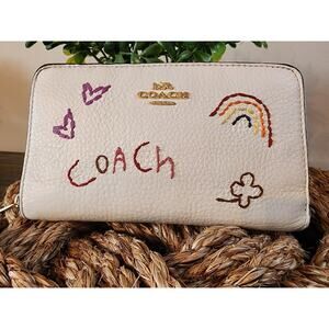 Coach Medium Id Zip Leather Wallet With Diary Embroidery Chalk multi C8309